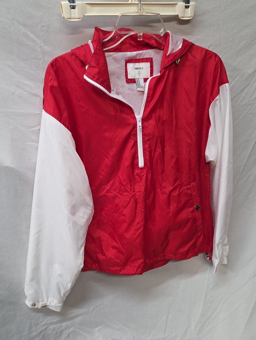 Forever 21 Red and White Hooded Half-Zip Windbreaker Size MED